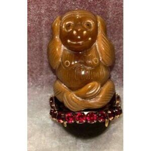 Vintage Leadwood Hear NothingMonkey Brooch With Gemstone Accents By Inadimoini